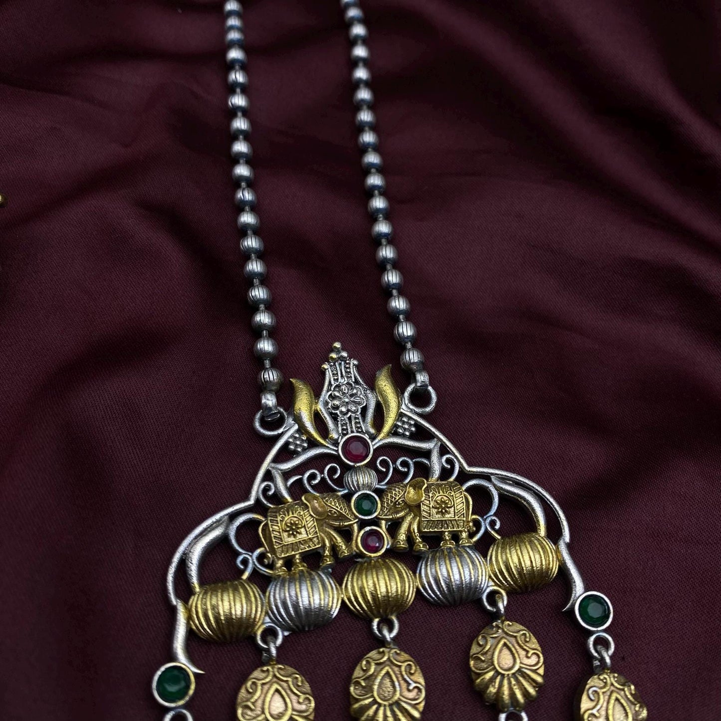 Handmade Temple Jewelry Long Necklace Set | Oxidized Silver-Gold Pendant with Pearls | Ethnic Bharatanatyam Necklace & Earrings