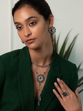 Tribal Oxidized Silver Long Necklace Set with Stud Earrings | Enamel Flower Pendant | Boho Ethnic Jewelry by Quirky Fashions
