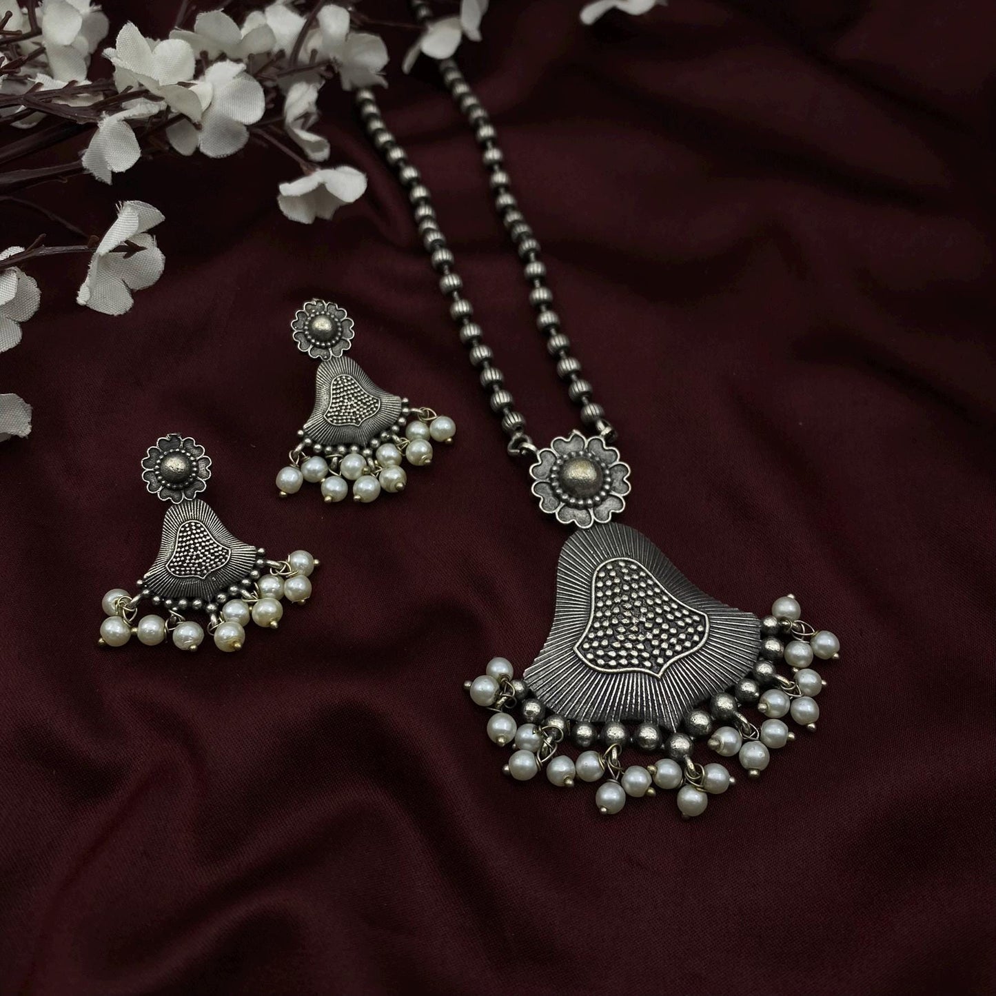 Oxidized Silver Long Necklace Set with Pearls | Tribal Pendant Jewelry with Earrings | Boho Statement Set by Quirky Fashions