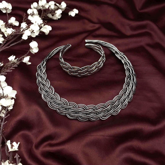 Oxidized Silver Hasuli Neck Cuff Set | Tribal Braided Choker & Bracelet | Statement Boho Jewelry by Quirky Fashions