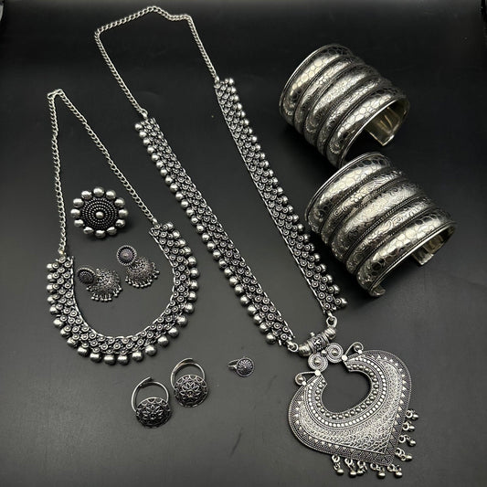 Set of 7 pc Oxidized Jewelry Set, Boho Long Necklace Set, Ethnic Jewelry, Temple Jewelry, Gift for Her, Indian Jewelry Necklace Set, Tribal