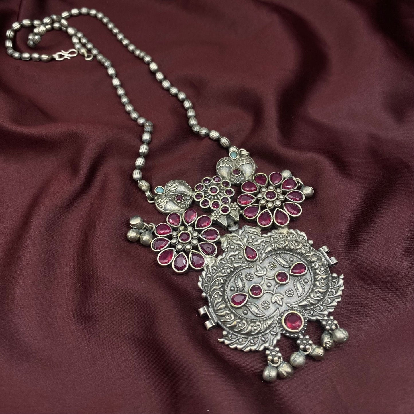 Floral Fusion Statement Oxidised Antique Silver Jewelry Tribal Ethnic Handmade Vintage Ghungroo Necklace Temple Jewelry South Indian Jewelry