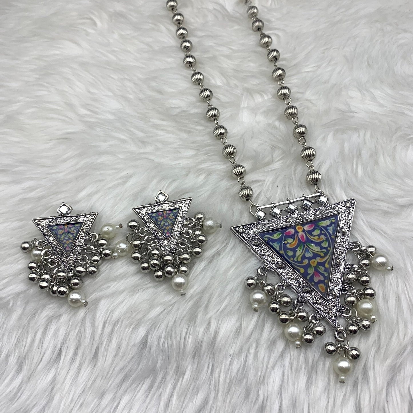 Quirky Fashions Oxidized silver Indian style ethnic wear jewelry necklace set with earrings, banjara necklace, handmade pumpkin beads chain.