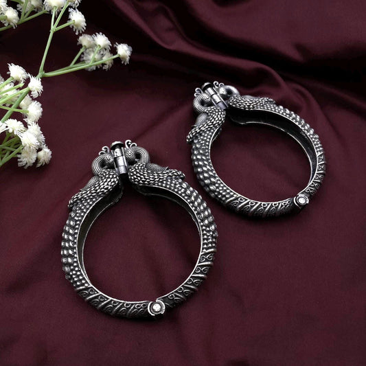 Silver Oxidized Peacock Engraved Openable Kada Bangle Quirky Fashions| Size 2.4 and 2.6 adjustable | Screw Bangle | Peacock design (1 Pair)