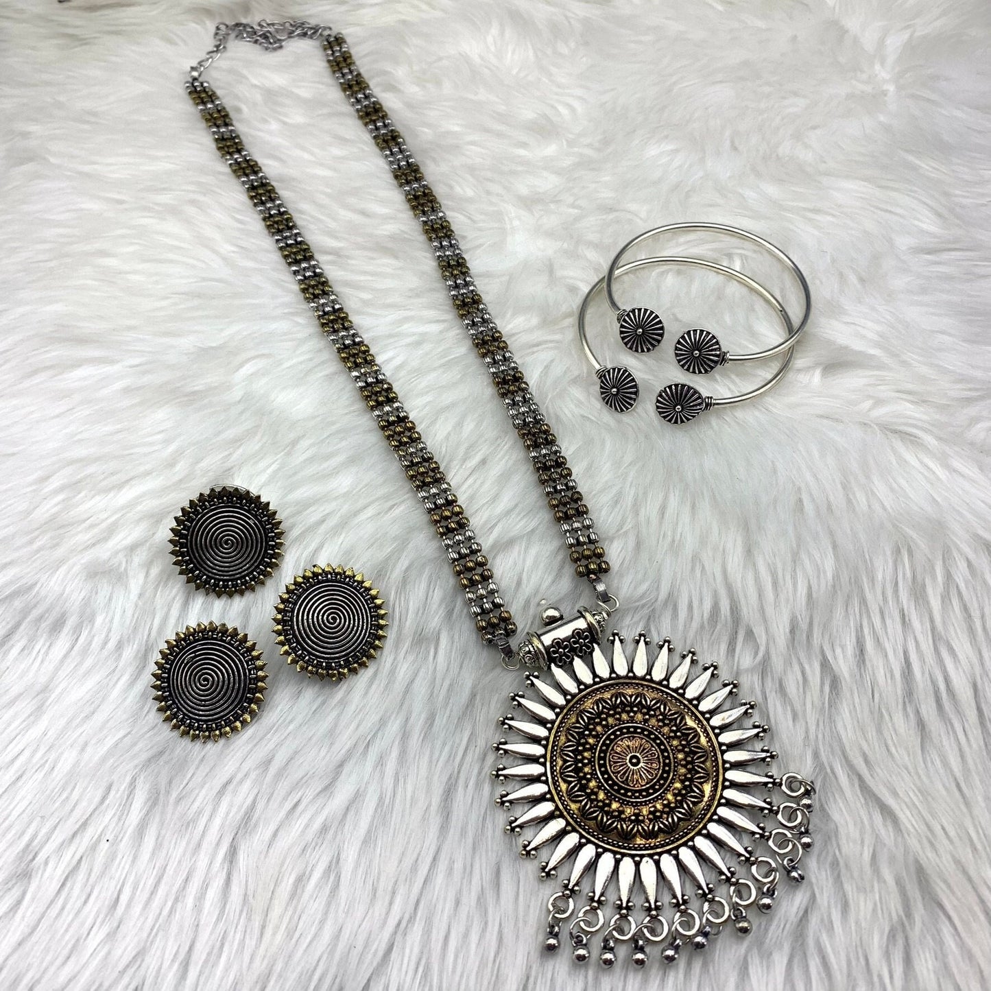 Quirky Fashions Dual tone Oxidized German silver necklace combo set with stud earrings, rings, and bracelets, Indian style jewelry valentine