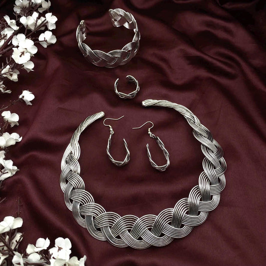 Oxidized Silver Braided Jewelry Set – Statement Necklace, Cuff Bracelet, Hoop Earrings & Ring | Boho Tribal Jewelry Set by Quirky Fashions