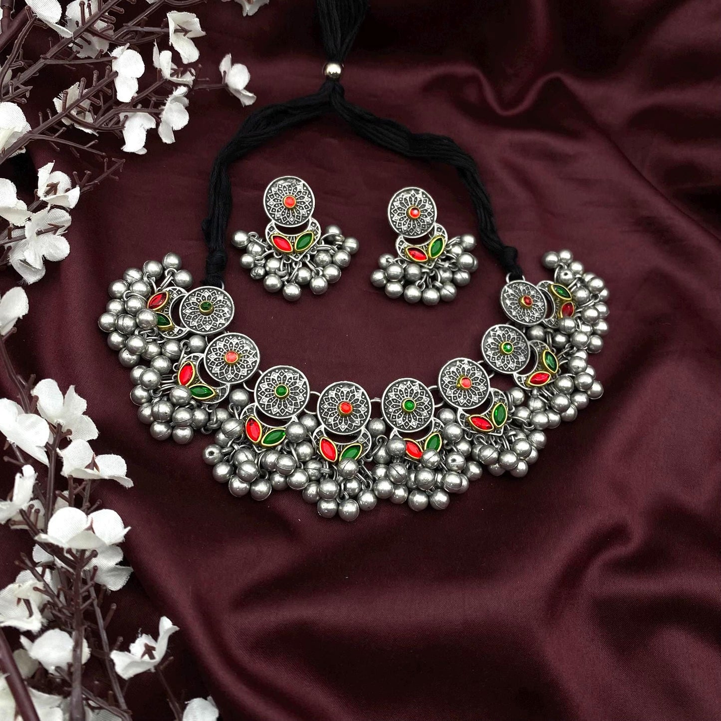 Oxidized Silver Choker Necklace Set | Tribal Statement Jewelry with Red & Green Enamel | Boho Ethnic Necklace with Earrings