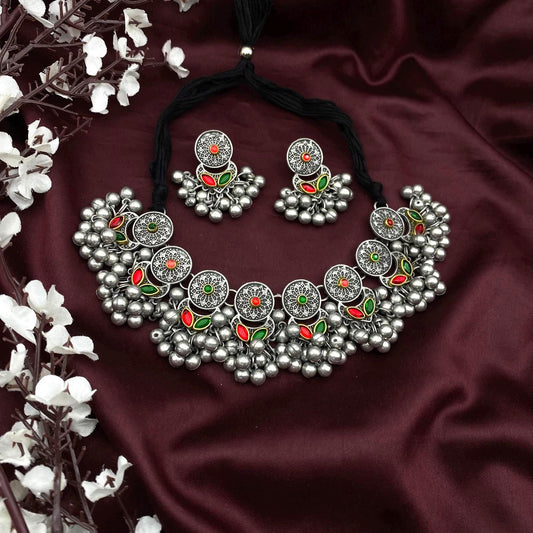 Oxidized Silver Choker Necklace Set | Tribal Statement Jewelry with Red & Green Enamel | Boho Ethnic Necklace with Earrings