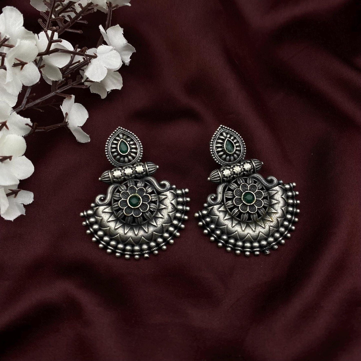 Oxidised Antique Silver Teardrop Floral Chaandbali Earrings by Quirky Fashions – Available in 10 Colors