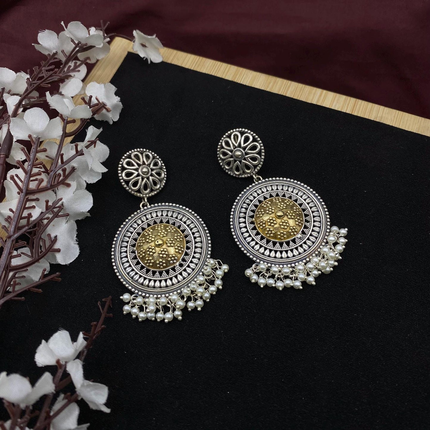 Oxidized Silver and Gold Round Dangle Earrings with Pearl Beads | Boho Indian Statement Earring | Ethnic Festival Jewelry by Quirky Fashions