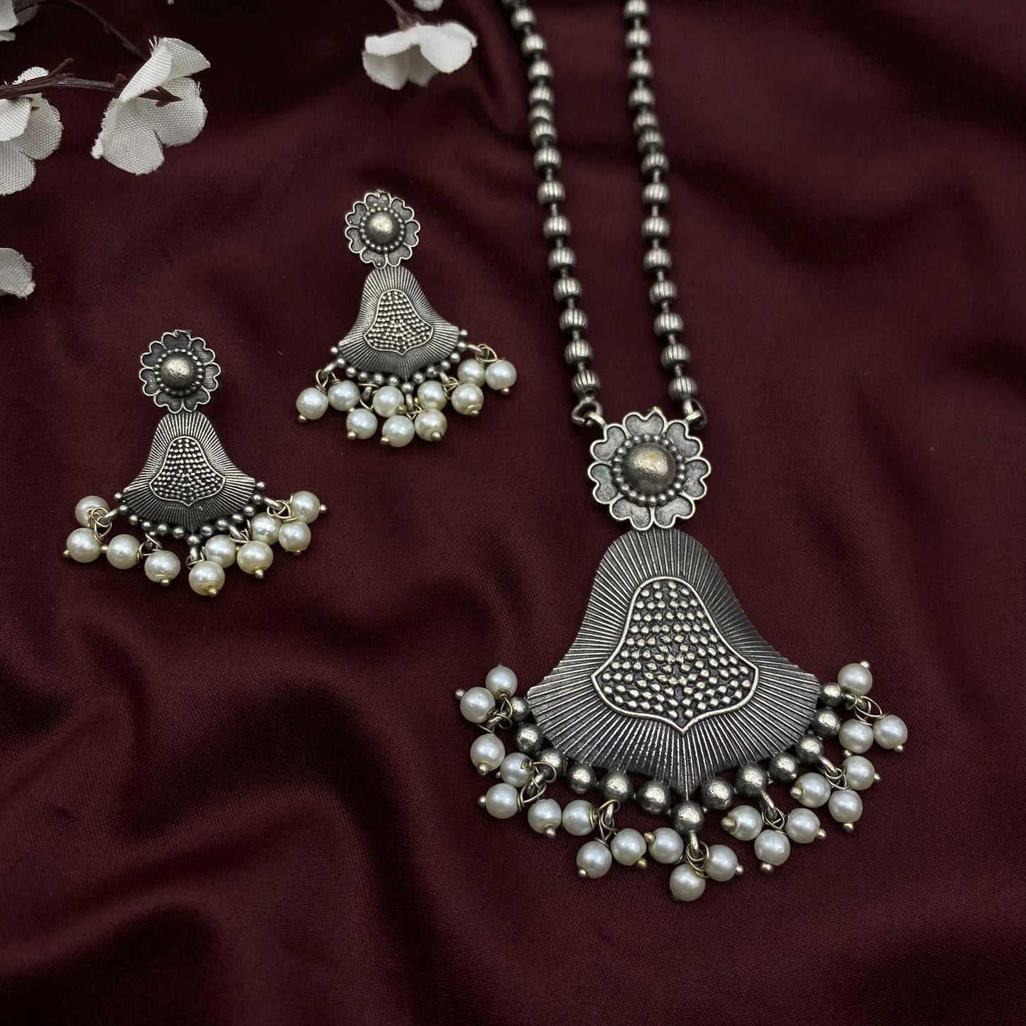 Oxidized Silver Long Necklace Set with Pearls | Tribal Pendant Jewelry with Earrings | Boho Statement Set by Quirky Fashions
