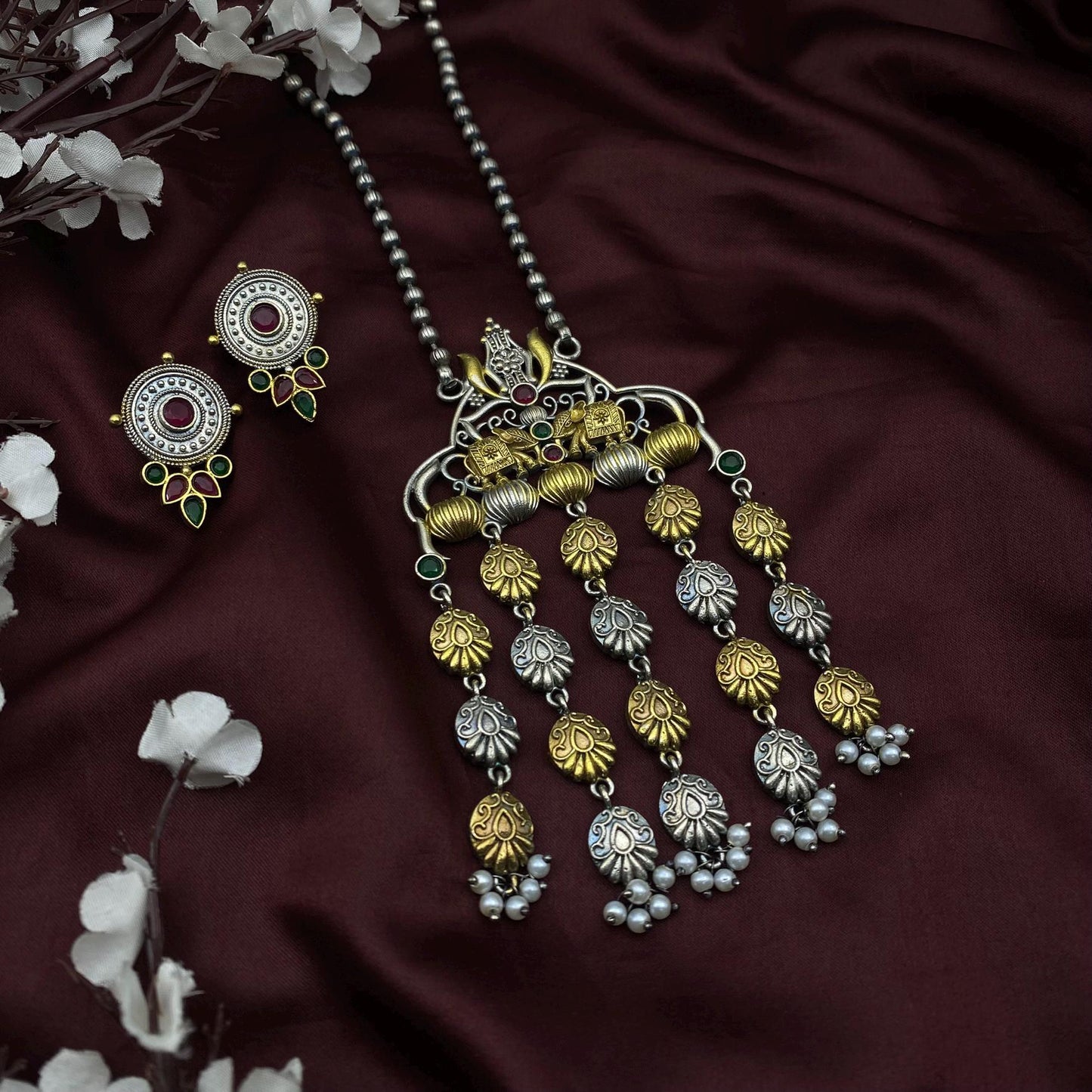 Handmade Temple Jewelry Long Necklace Set | Oxidized Silver-Gold Pendant with Pearls | Ethnic Bharatanatyam Necklace & Earrings