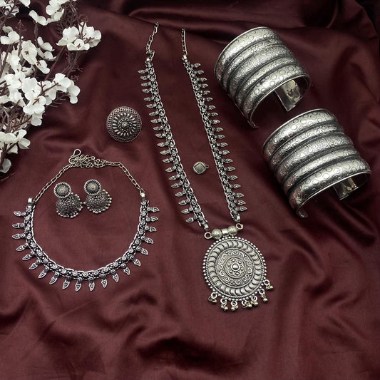 6pc Tribal set, Boho Long Necklace Set, Oxidized Jewelry Set, Ethnic Jewelry, Temple Jewelry, Gift for Xmas, Indian Jewlery Necklace Set