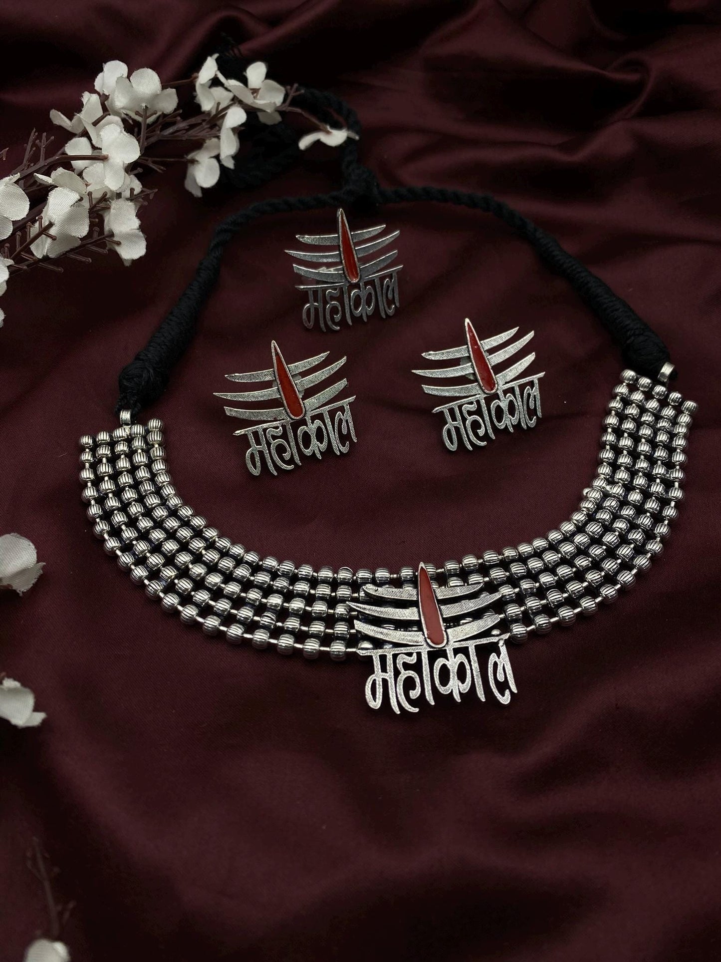 Mahakal Trishul Choker Set with Earrings & Adjustable Ring | Oxidized Silver Hindu Jewelry | Lord Shiva Necklace Set | Gift for Women