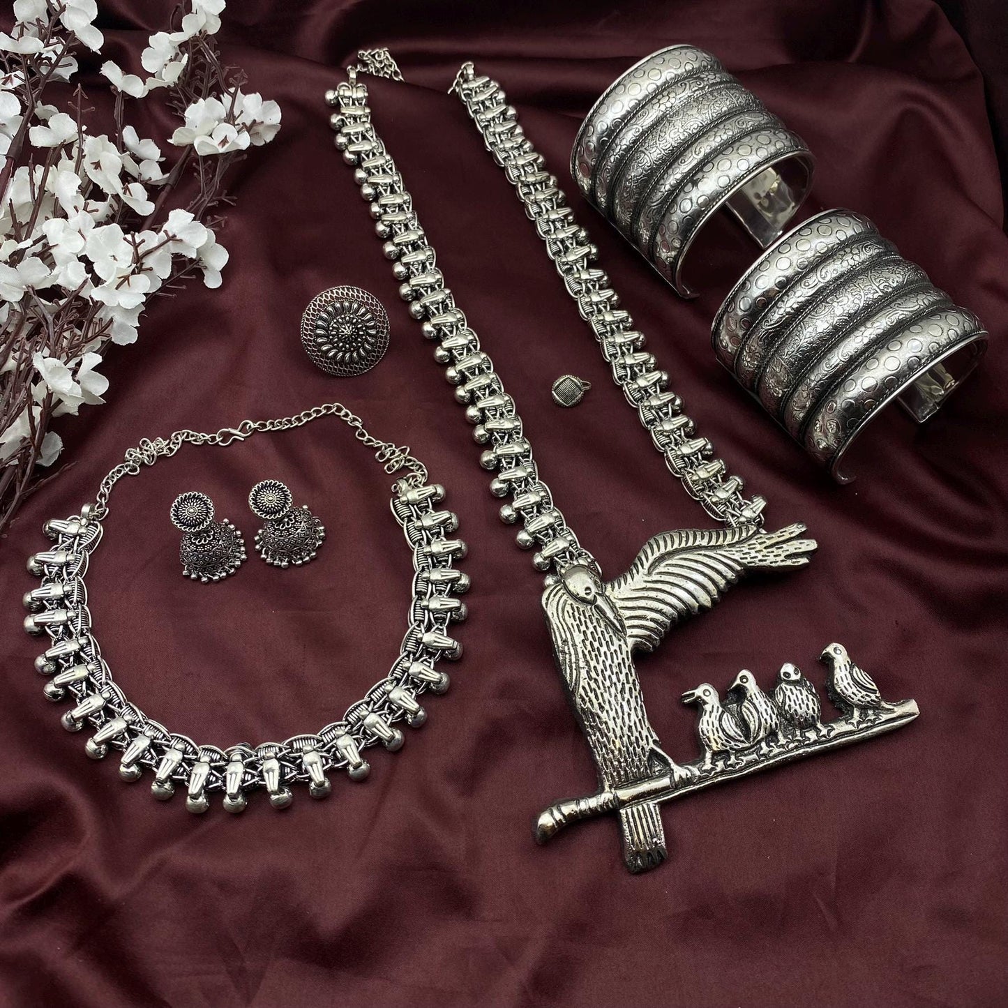 Quirky Fashions Oxidized Silver Dokra Jewelry Set | Radha Krishna | Buddha | Ganesha | Bird Necklace | Combo of 6 pc | Perfect Indian Gift