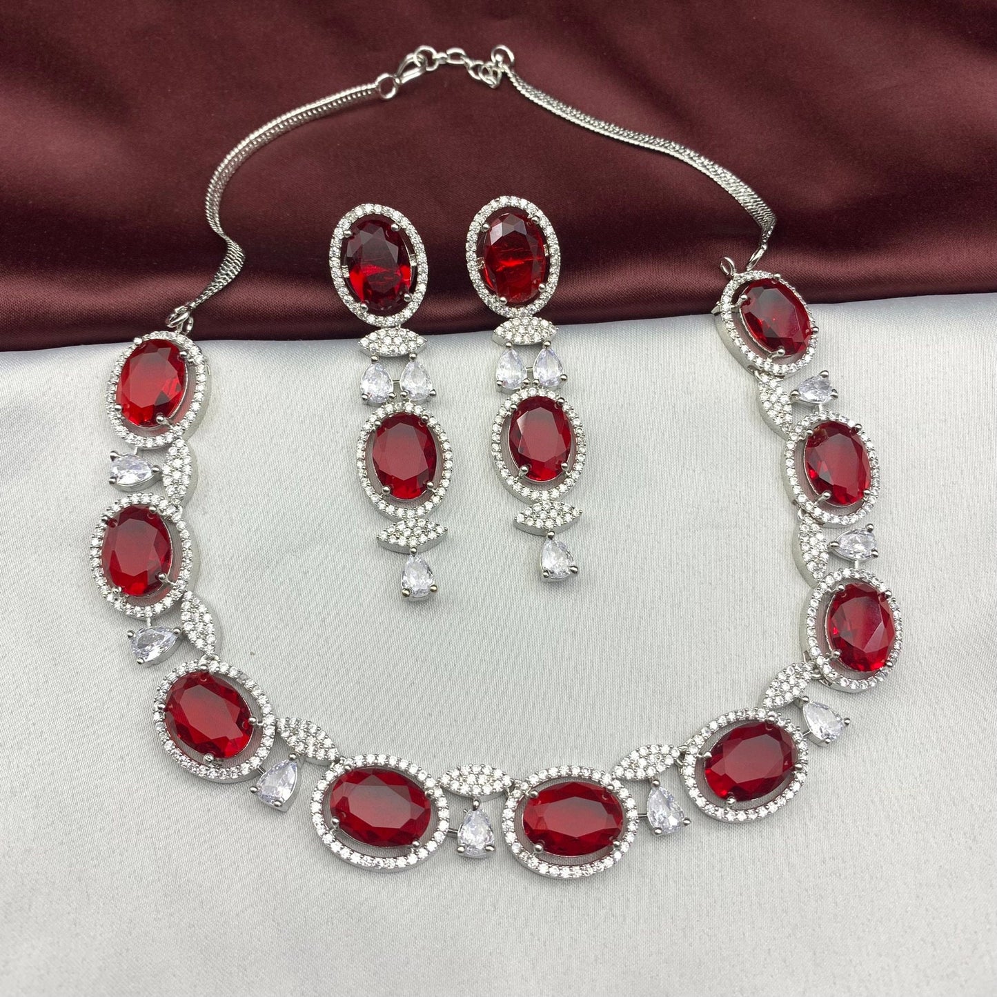 Quirky Fashions Red cherry oval shape stone choker set American diamond CZ necklace Indian style wedding bridal hand studded stone jewelry