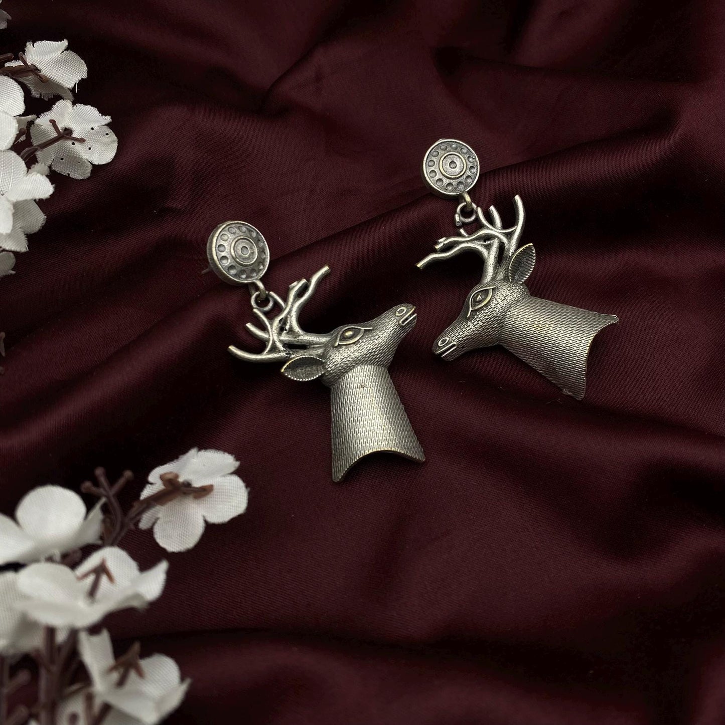 Tribal Deer Head Earrings | Oxidized Silver Statement Dangle Earrings | Ethnic Animal Jewelry for Women | Handmade Boho Festival Accessories