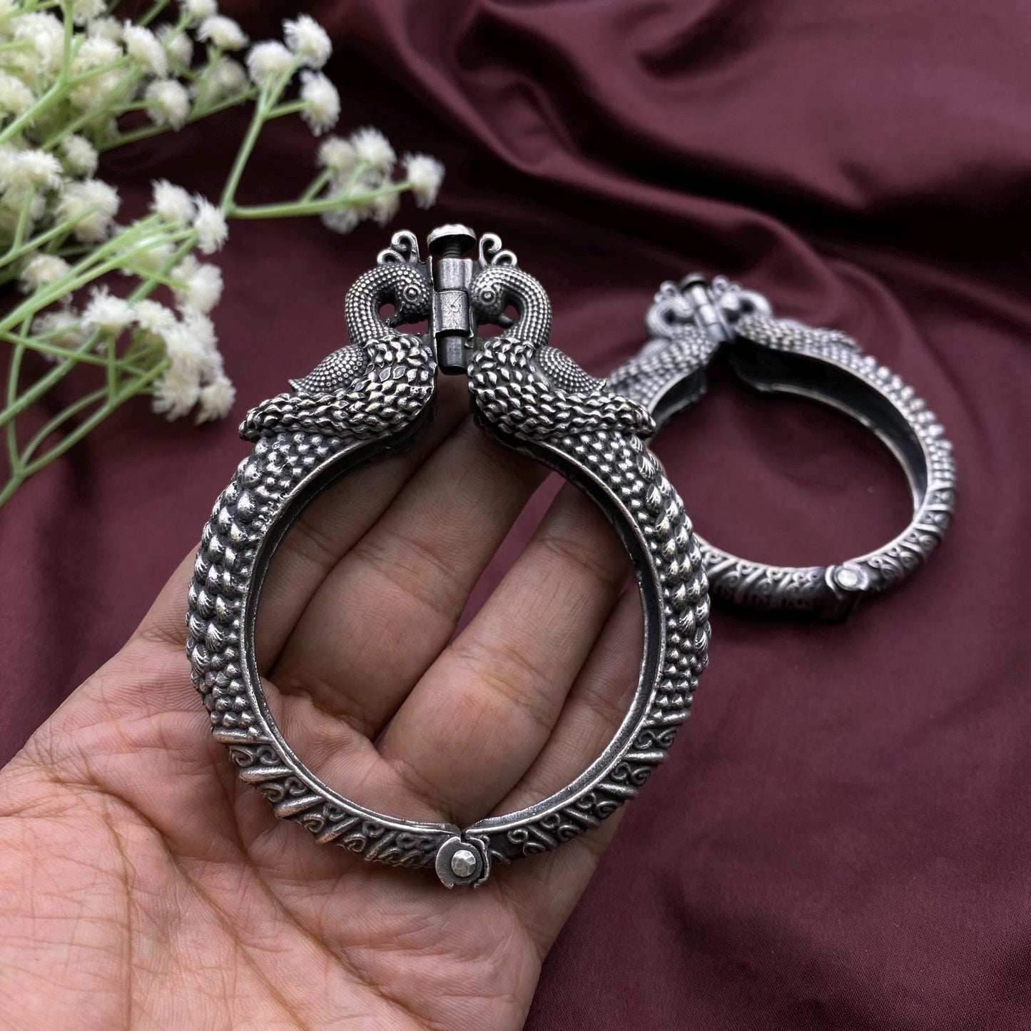 Silver Oxidized Peacock Engraved Openable Kada Bangle Quirky Fashions| Size 2.4 and 2.6 adjustable | Screw Bangle | Peacock design (1 Pair)