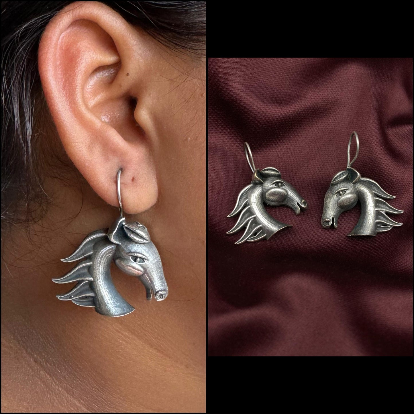 Quirky Fashions Oxidized antique silver black polish horse shape earrings | Dangle earrings | Designer Earrings | Light weight earrings