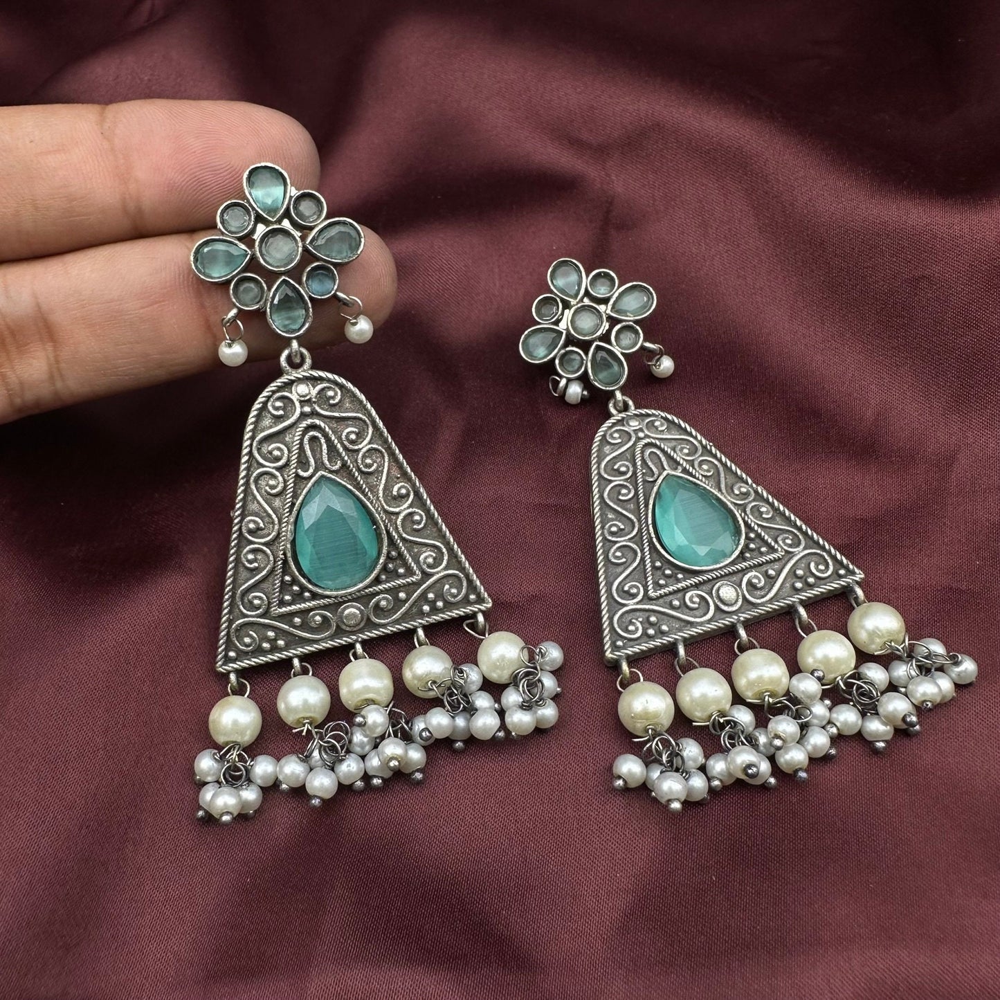 Oxidized Silver Triangle Dangle Earrings with Yellow Stone & Pearl Beads | Boho Tribal Earrings | Available in Multiple Colors