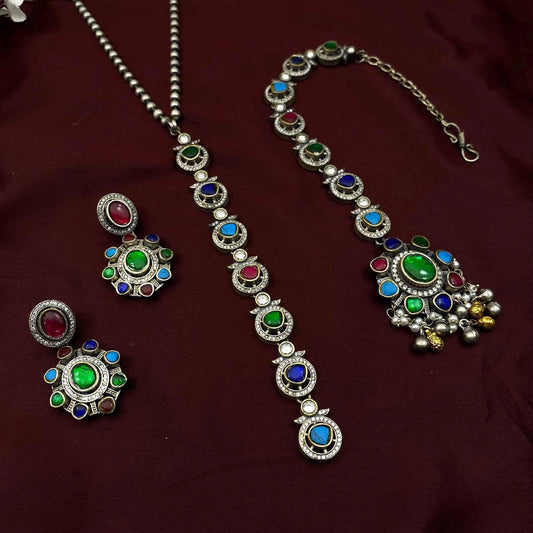 Quirky Fashions Vintage Oxidized Silver Necklace Set with Maangtikka | Multicolor Stone Ethnic Jewelry | Indian Bridal Temple Jewelry Set