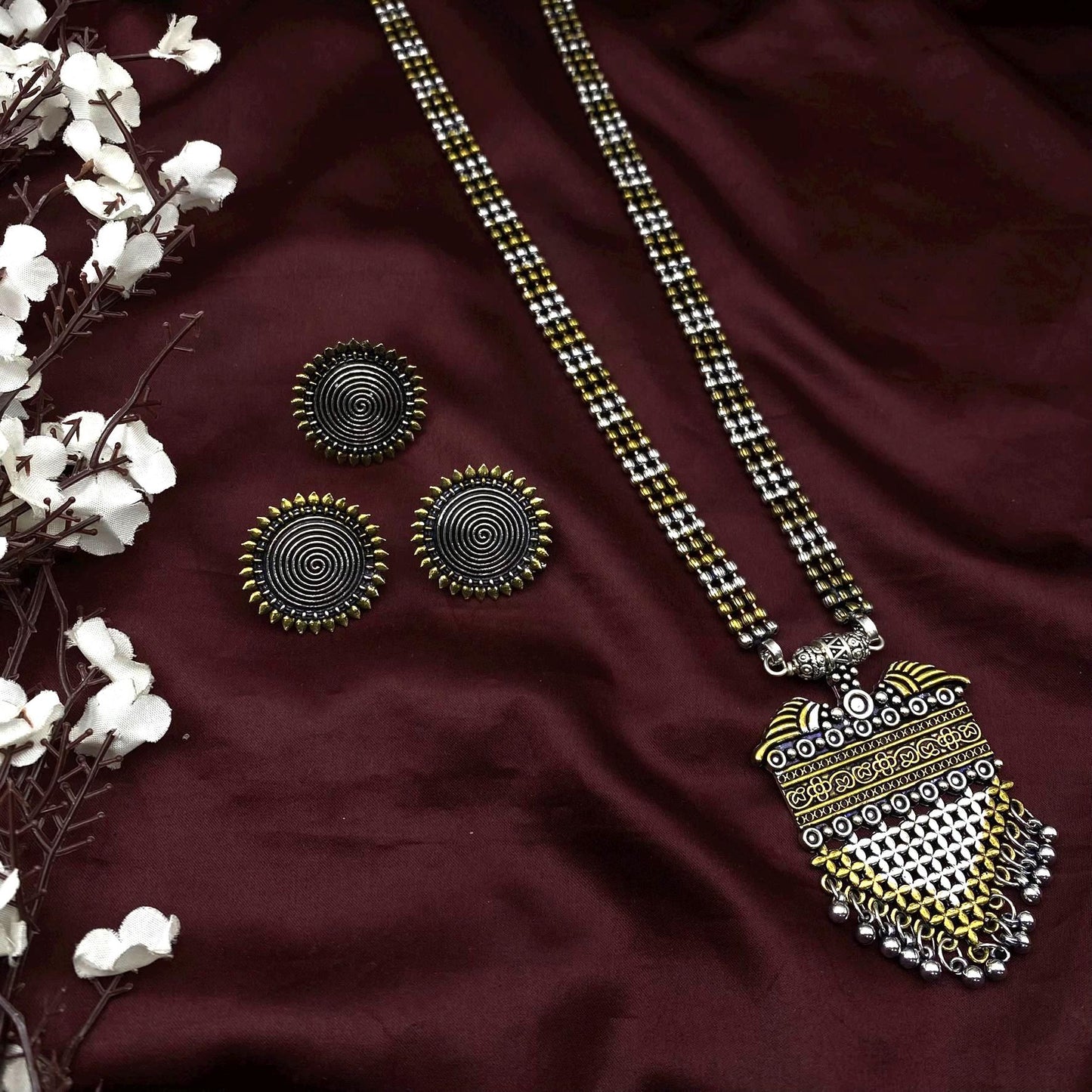 Quirky Fashions Dual tone Oxidized German silver necklace combo set with stud earrings, rings, and bracelets, Indian style jewelry valentine