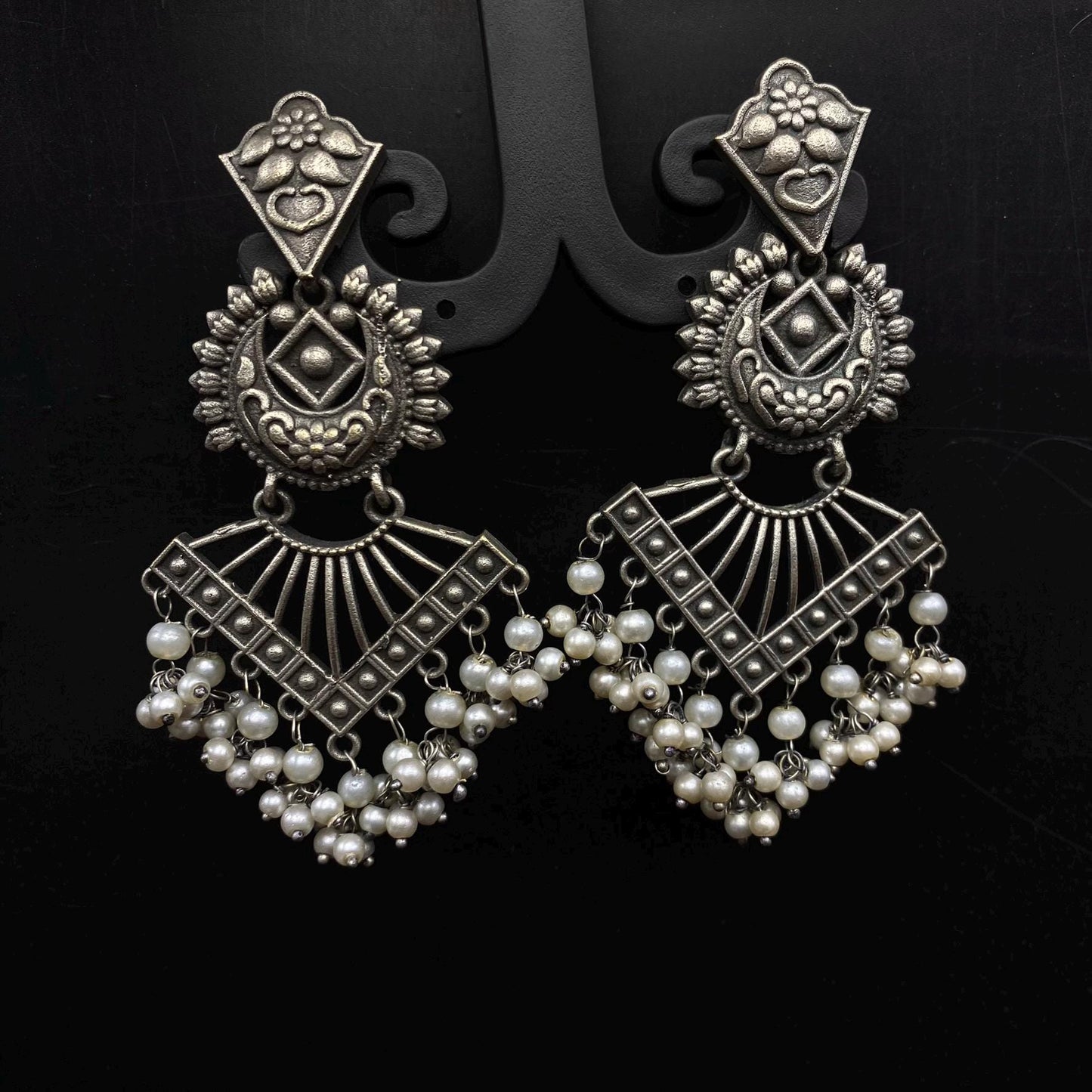 Handmade Oxidized Silver Chandelier Earrings with Pearl Danglers by Quirky Fashions