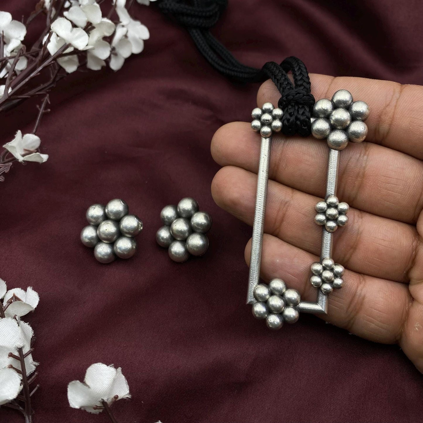 Oxidized Silver Geometric Floral Pendant Necklace Set | Handmade Tribal Jewelry with Stud Earrings