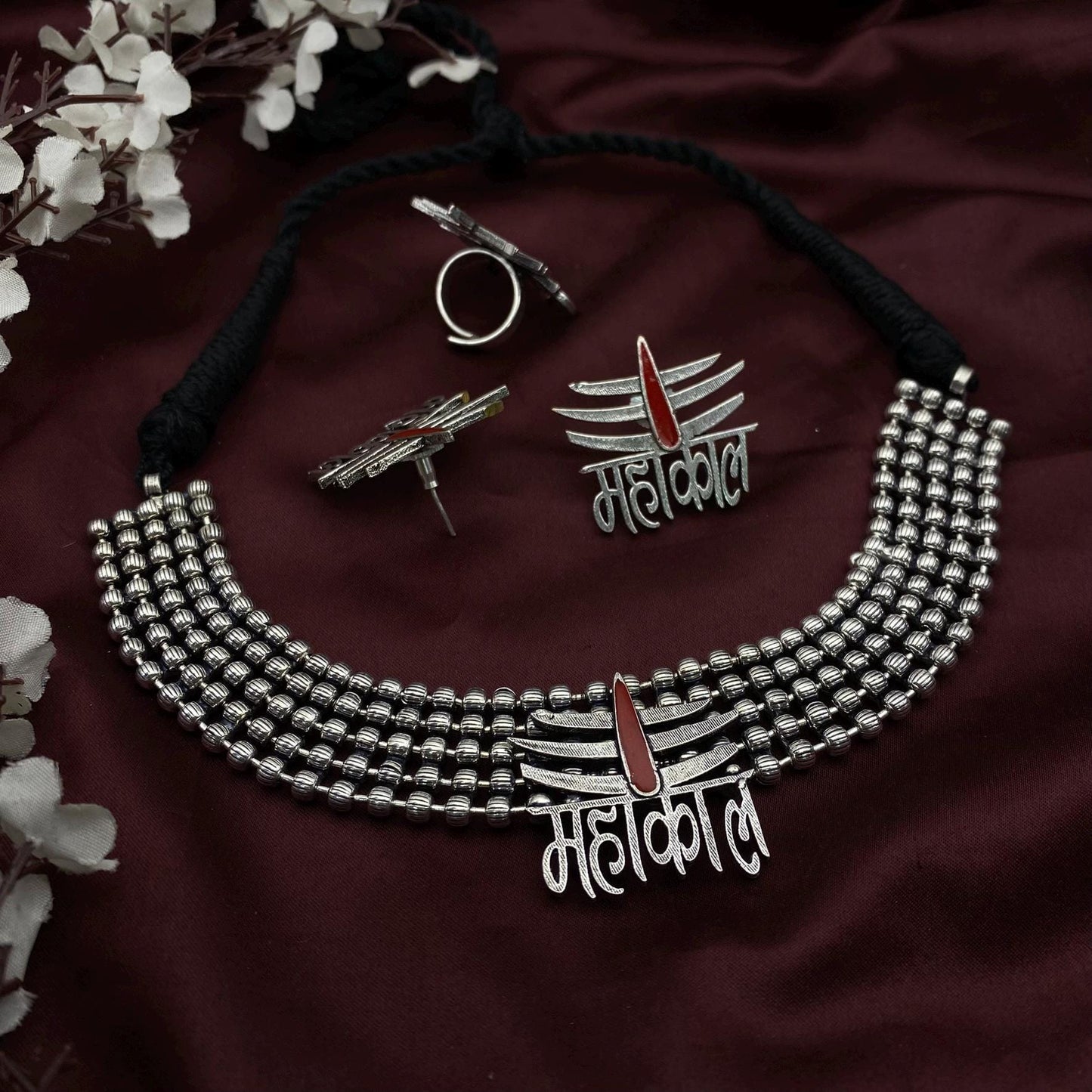 Mahakal Trishul Choker Set with Earrings & Adjustable Ring | Oxidized Silver Hindu Jewelry | Lord Shiva Necklace Set | Gift for Women