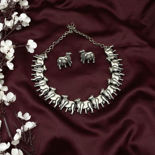 Oxidized Silver Cow Motif Choker Necklace Set | Tribal Animal Jewelry | Boho Statement Necklace with Matching Earrings | Quirky Fashions