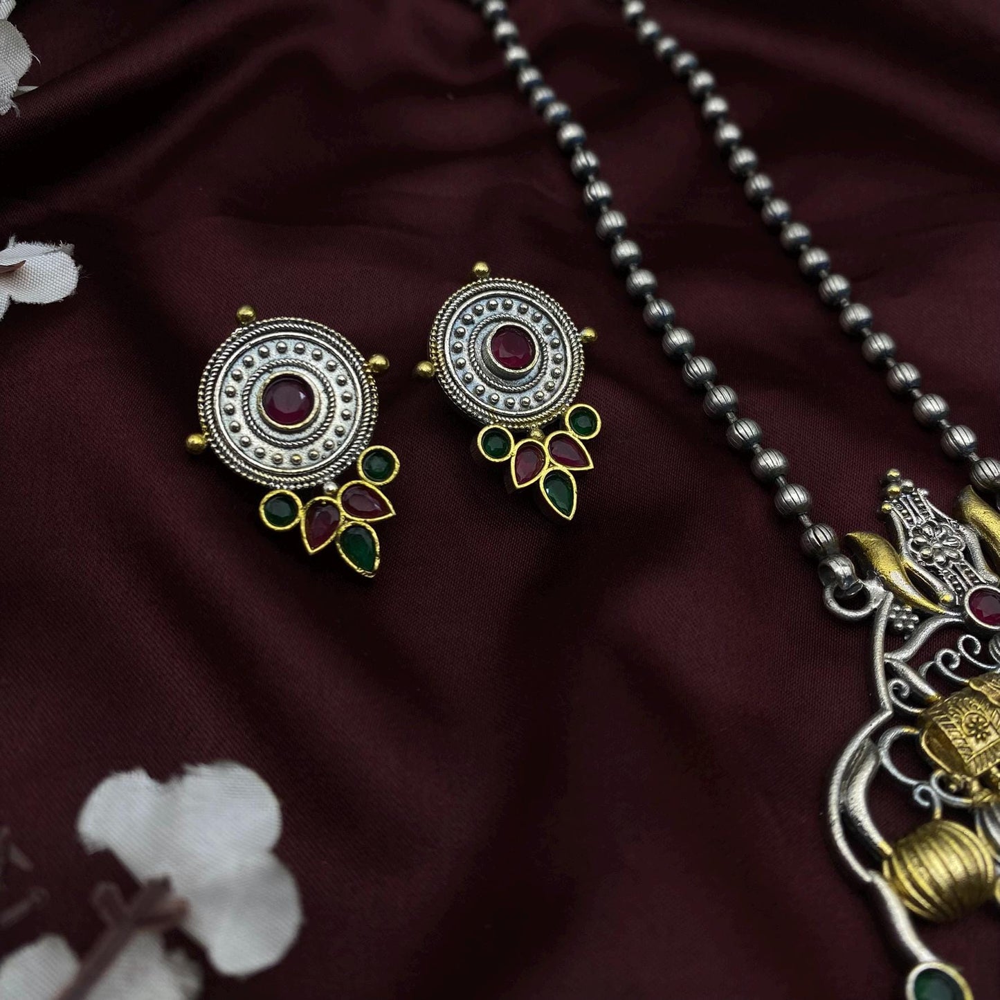 Handmade Temple Jewelry Long Necklace Set | Oxidized Silver-Gold Pendant with Pearls | Ethnic Bharatanatyam Necklace & Earrings
