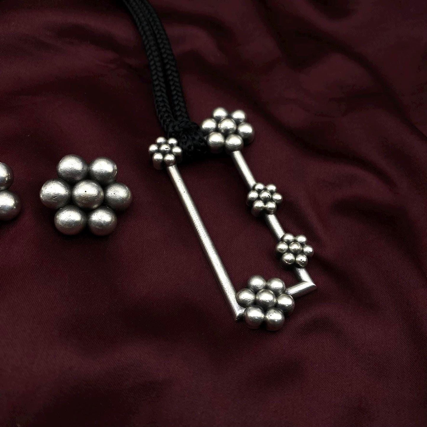 Oxidized Silver Geometric Floral Pendant Necklace Set | Handmade Tribal Jewelry with Stud Earrings