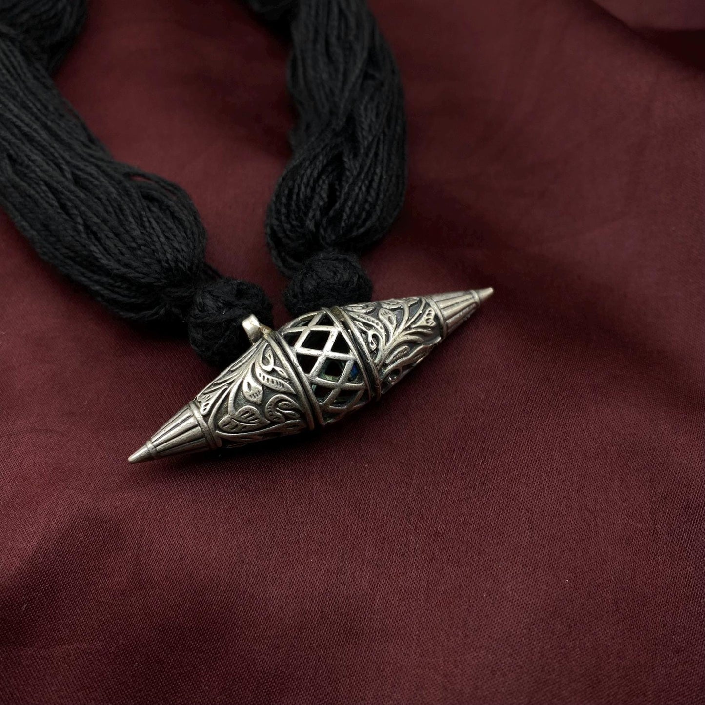 Tribal Cone Pendant Necklace Set with Earrings – Black Thread Oxidized Silver Jewelry by Quirky Fashions