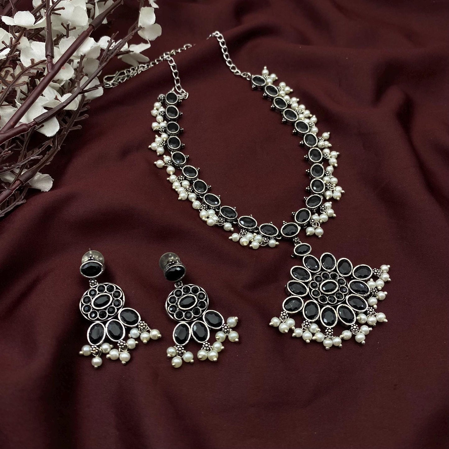 Oxidized Silver Long Necklace Set with Oval Stone & Matching Earrings – Available in 9 Vibrant Colors