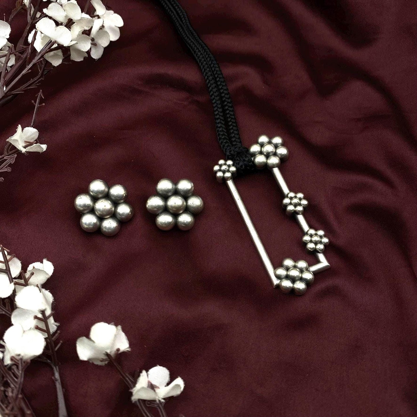 Oxidized Silver Geometric Floral Pendant Necklace Set | Handmade Tribal Jewelry with Stud Earrings