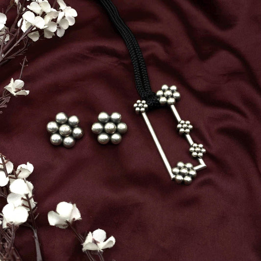 Oxidized Silver Geometric Floral Pendant Necklace Set | Handmade Tribal Jewelry with Stud Earrings