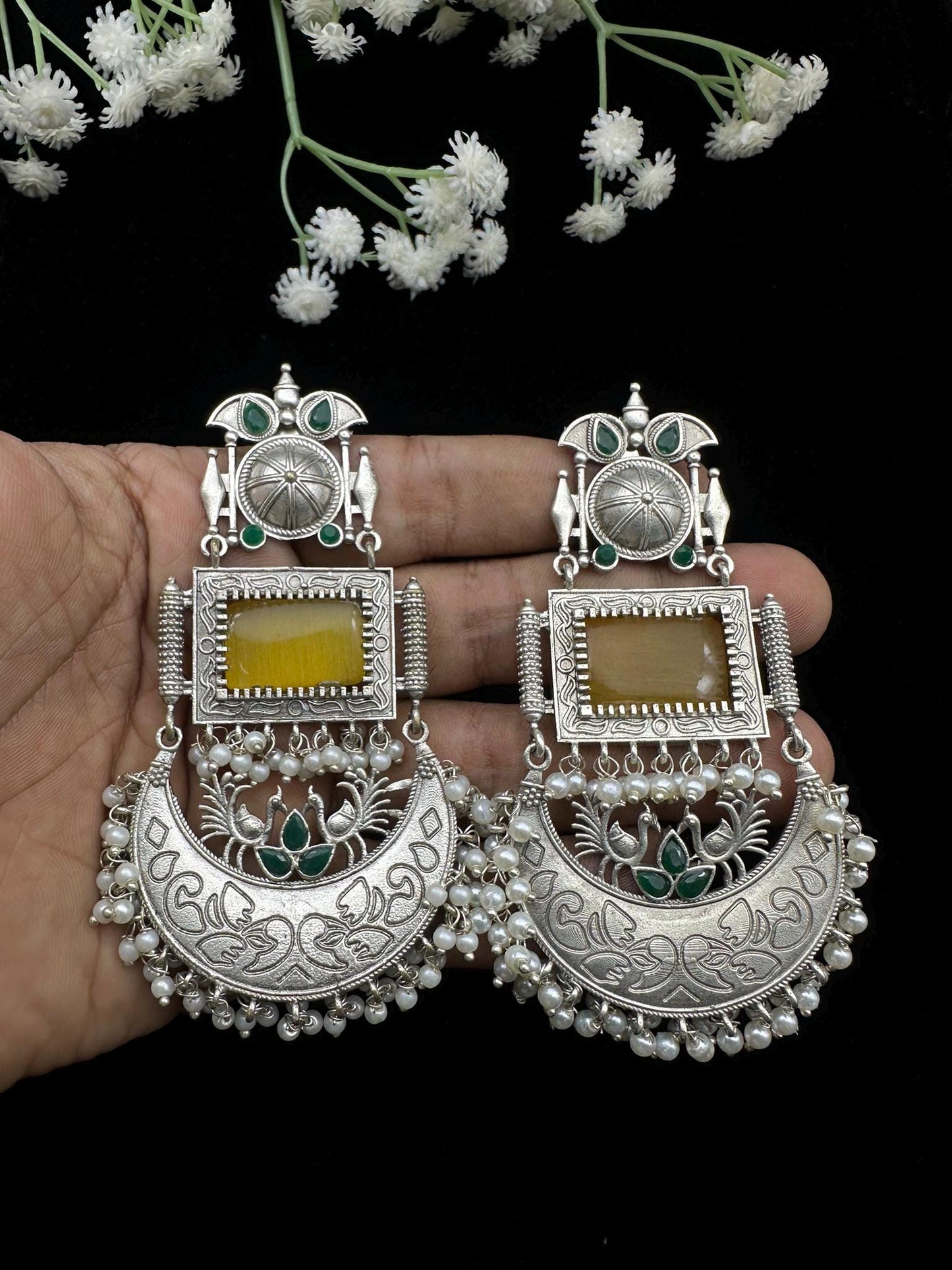 Oxidized Silver Dangle Earrings with Beads – Traditional Ethnic Design – Multiple Color Options