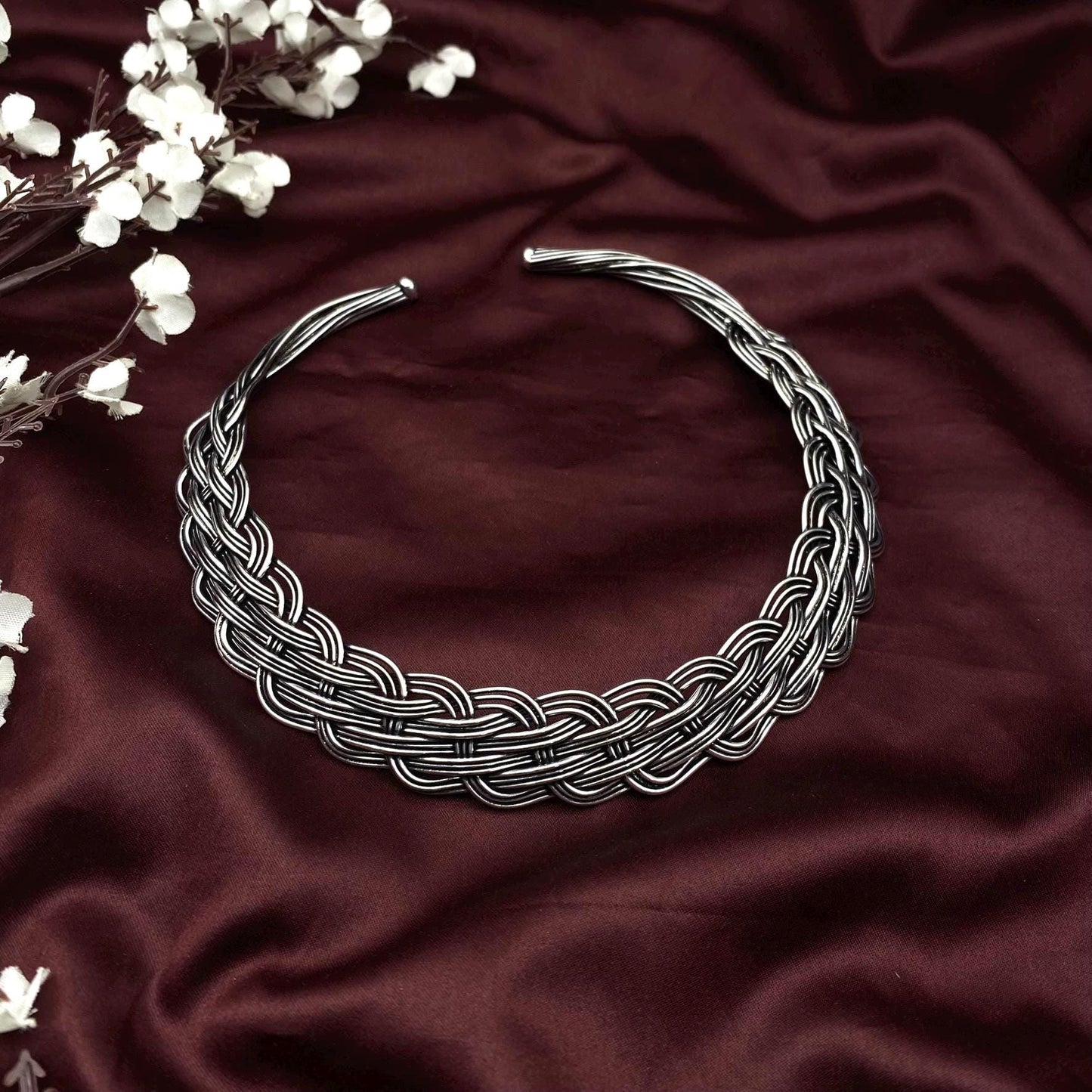 Oxidized Silver Hasuli Neck Cuff Set | Tribal Braided Choker & Bracelet | Statement Boho Jewelry by Quirky Fashions