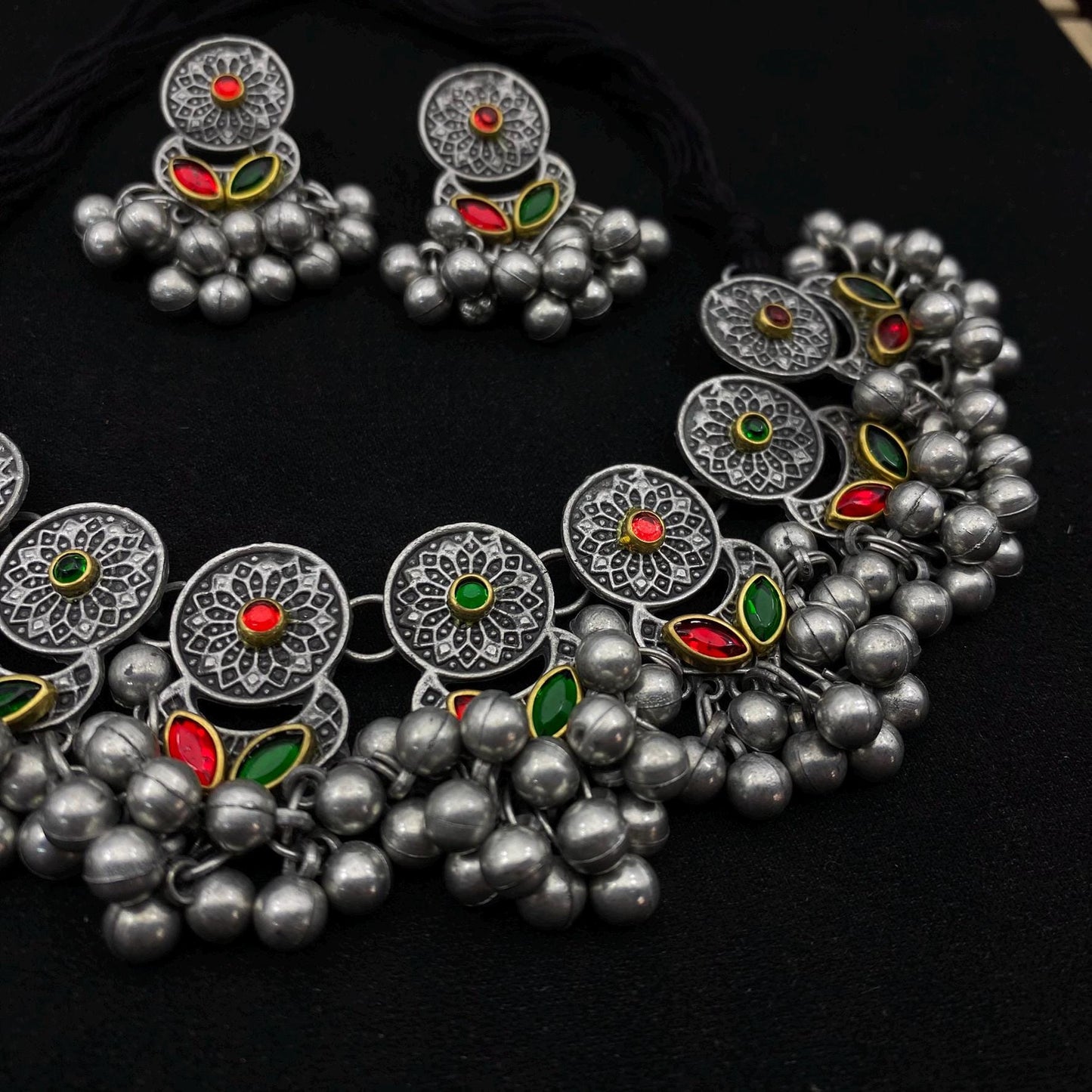 Oxidized Silver Choker Necklace Set | Tribal Statement Jewelry with Red & Green Enamel | Boho Ethnic Necklace with Earrings