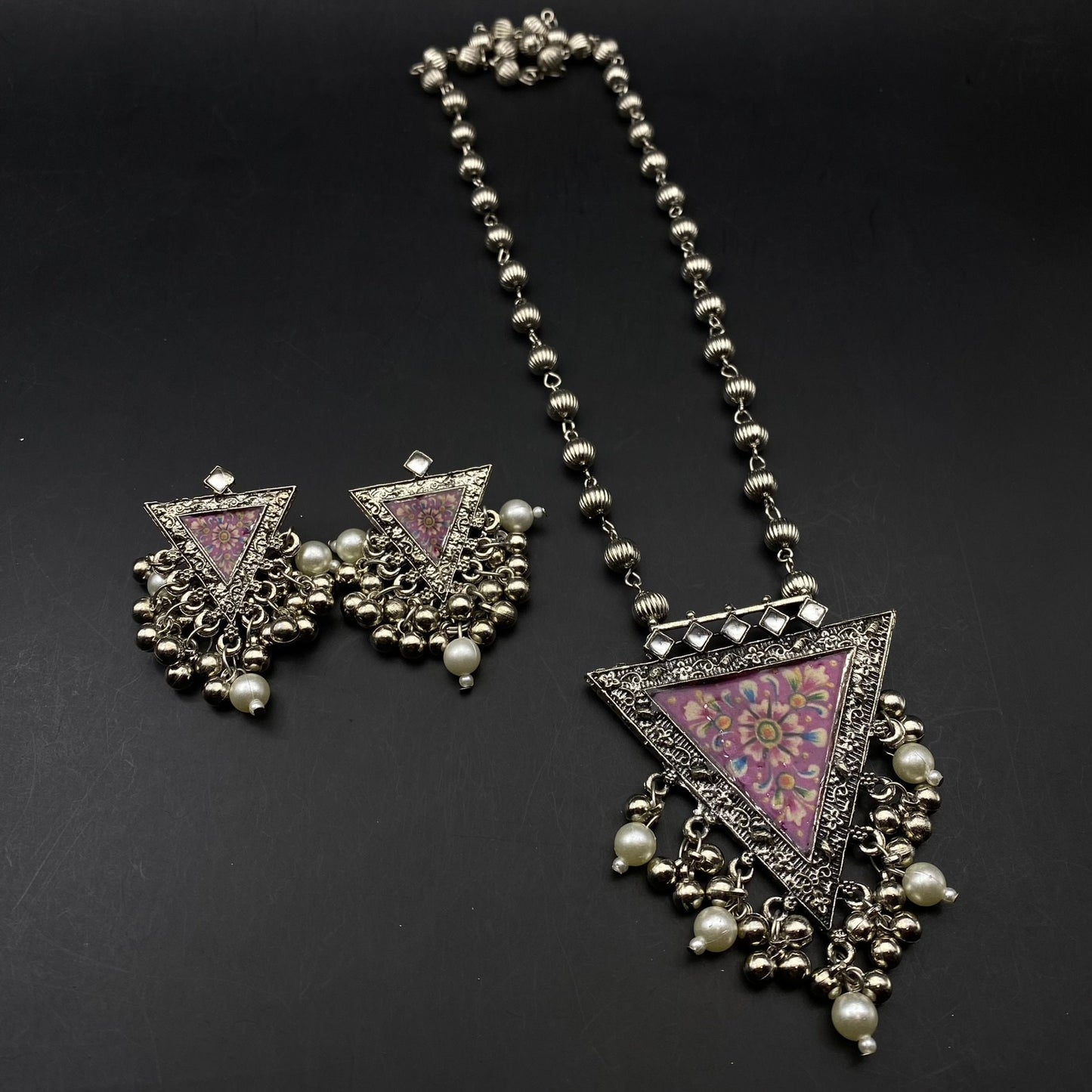 Quirky Fashions Oxidized silver Indian style ethnic wear jewelry necklace set with earrings, banjara necklace, handmade pumpkin beads chain.