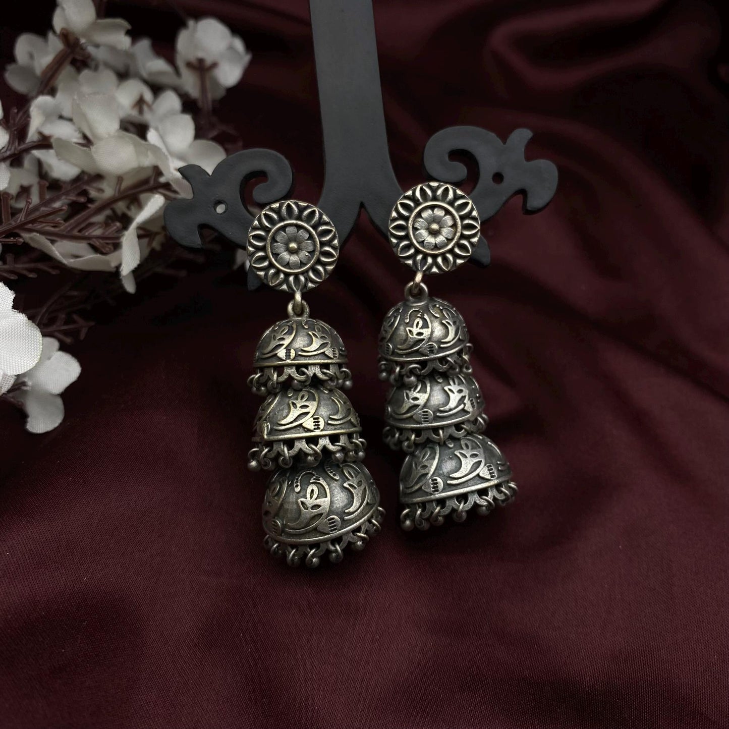 Quirky Fashions Oxidized Silver Triple Jhumka Earrings – Boho Vintage Dangle Earrings for Women