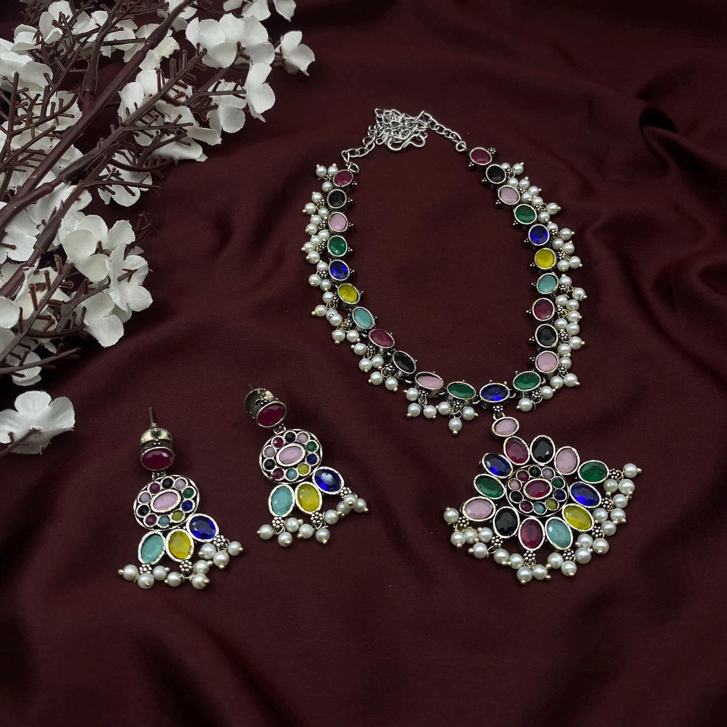 Oxidized Silver Long Necklace Set with Oval Stone & Matching Earrings – Available in 9 Vibrant Colors