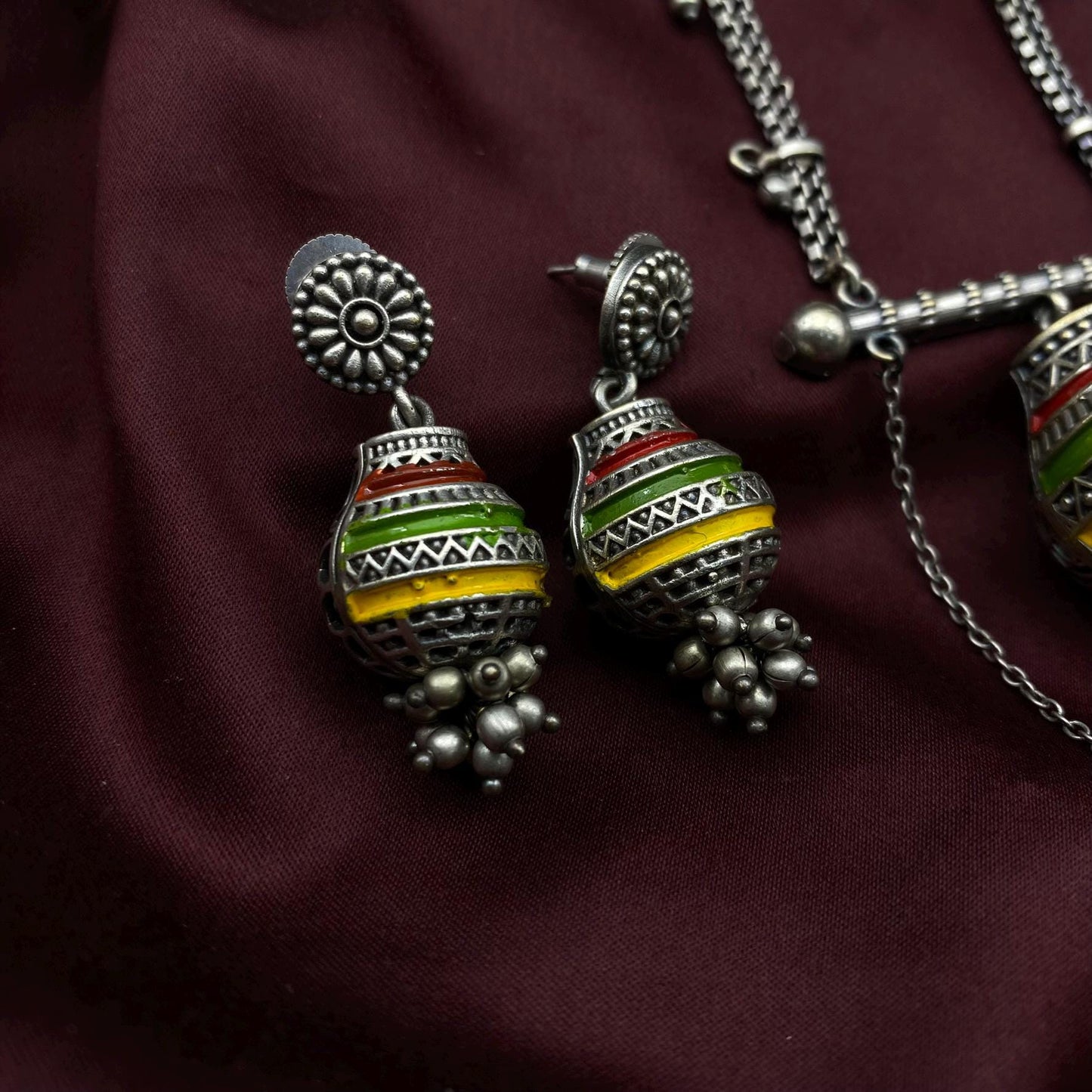 Boho Tribal Oxidized Silver Necklace Set with Hand-Painted Beads | Dangler Earrings & Pendant | Indian Ethnic Jewelry by Quirky Fashions