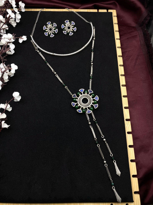 Tribal Oxidized Silver Long Necklace Set with Stud Earrings | Enamel Flower Pendant | Boho Ethnic Jewelry by Quirky Fashions