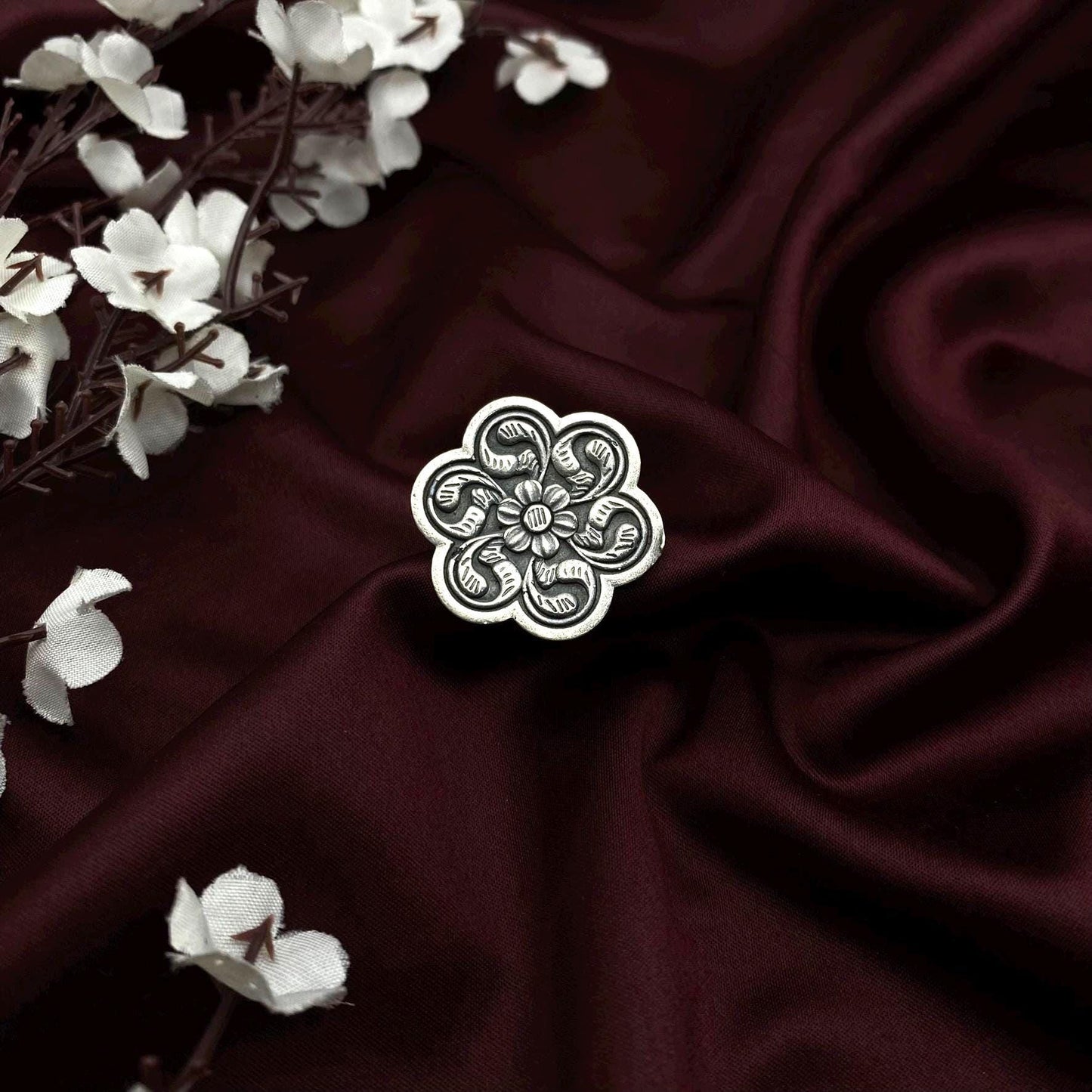 Oxidized Silver Floral Adjustable Ring – Vintage Boho Statement Ring by Quirky Fashions