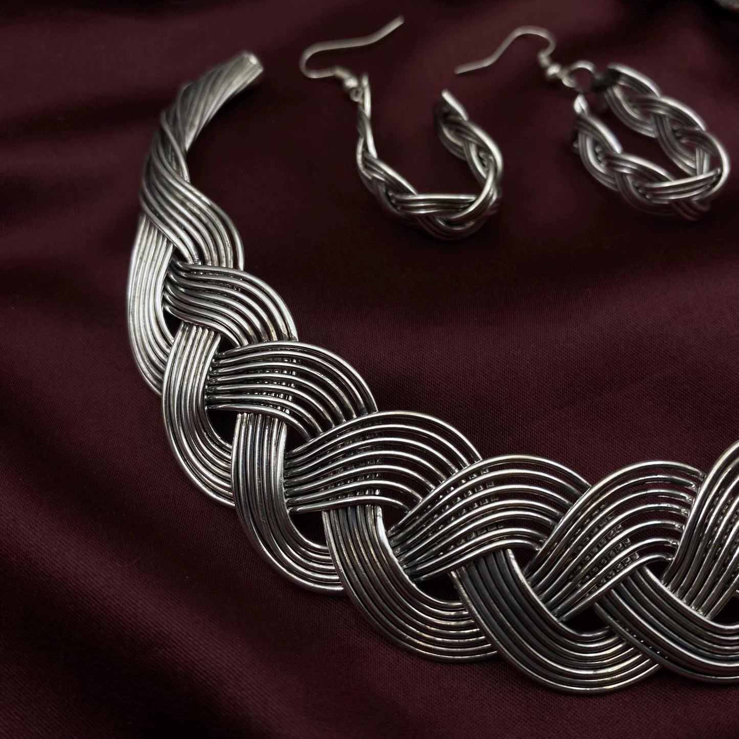 Oxidized Silver Braided Jewelry Set – Statement Necklace, Cuff Bracelet, Hoop Earrings & Ring | Boho Tribal Jewelry Set by Quirky Fashions