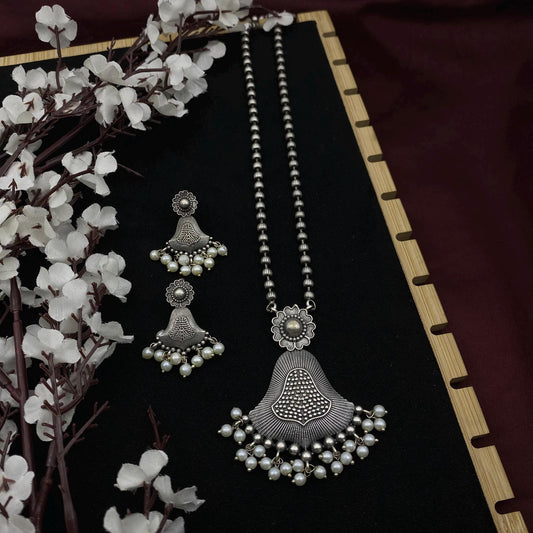 Oxidized Silver Long Necklace Set with Pearls | Tribal Pendant Jewelry with Earrings | Boho Statement Set by Quirky Fashions