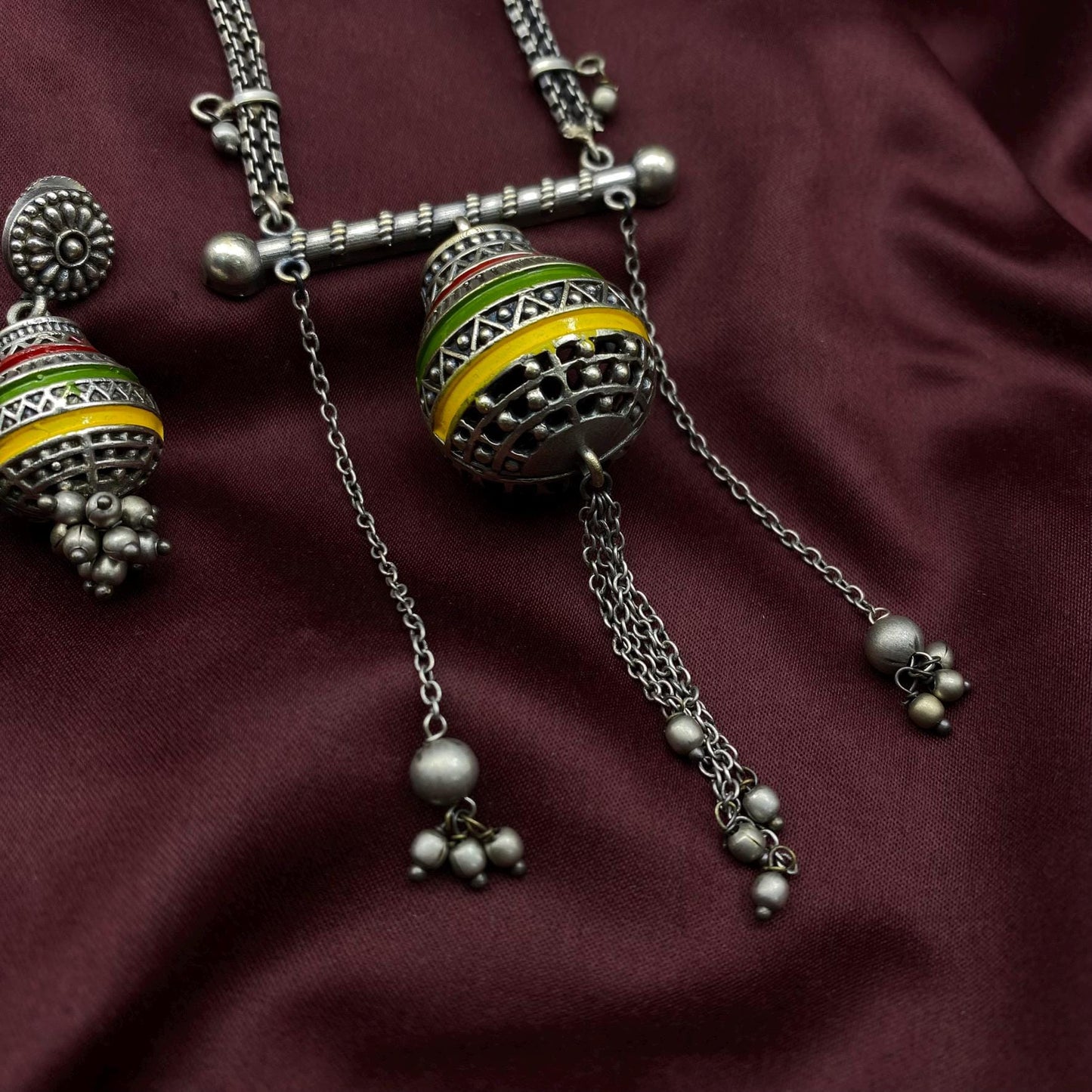 Boho Tribal Oxidized Silver Necklace Set with Hand-Painted Beads | Dangler Earrings & Pendant | Indian Ethnic Jewelry by Quirky Fashions