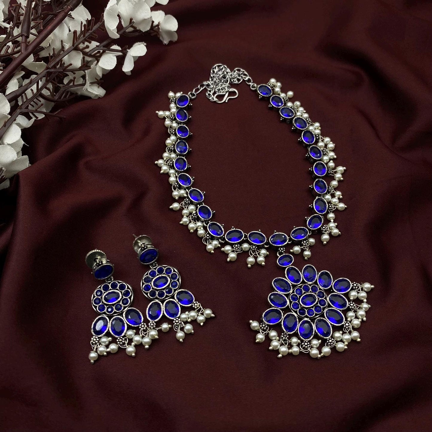 Oxidized Silver Long Necklace Set with Oval Stone & Matching Earrings – Available in 9 Vibrant Colors