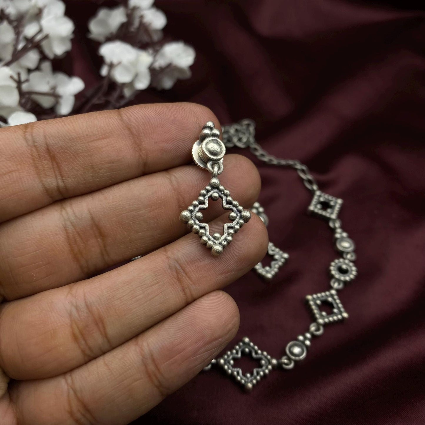 Quirky Fashions Oxidized Silver Choker Necklace Set with Matching Earrings - Antique Brass Square and Circle Motifs
